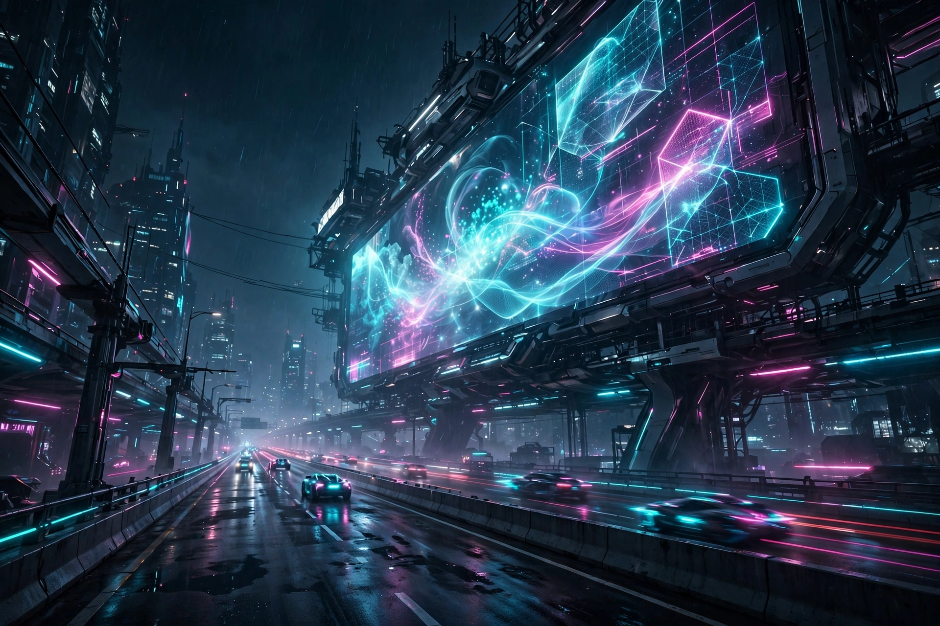 Glowing futuristic billboard on a neon highway at night