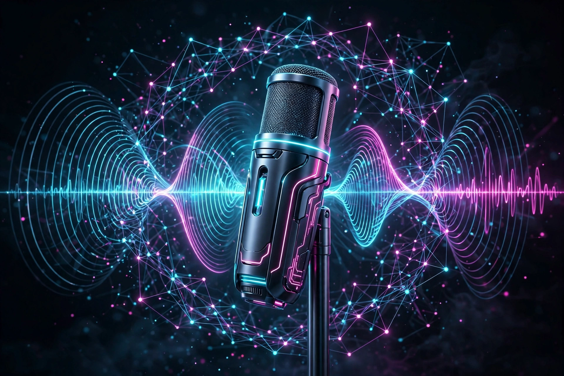Glowing microphone with neon sound waves