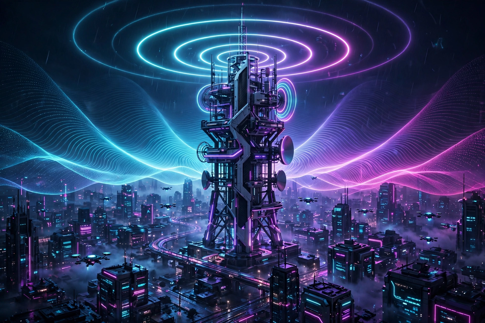 Radio tower emitting neon signal waves over a digital city