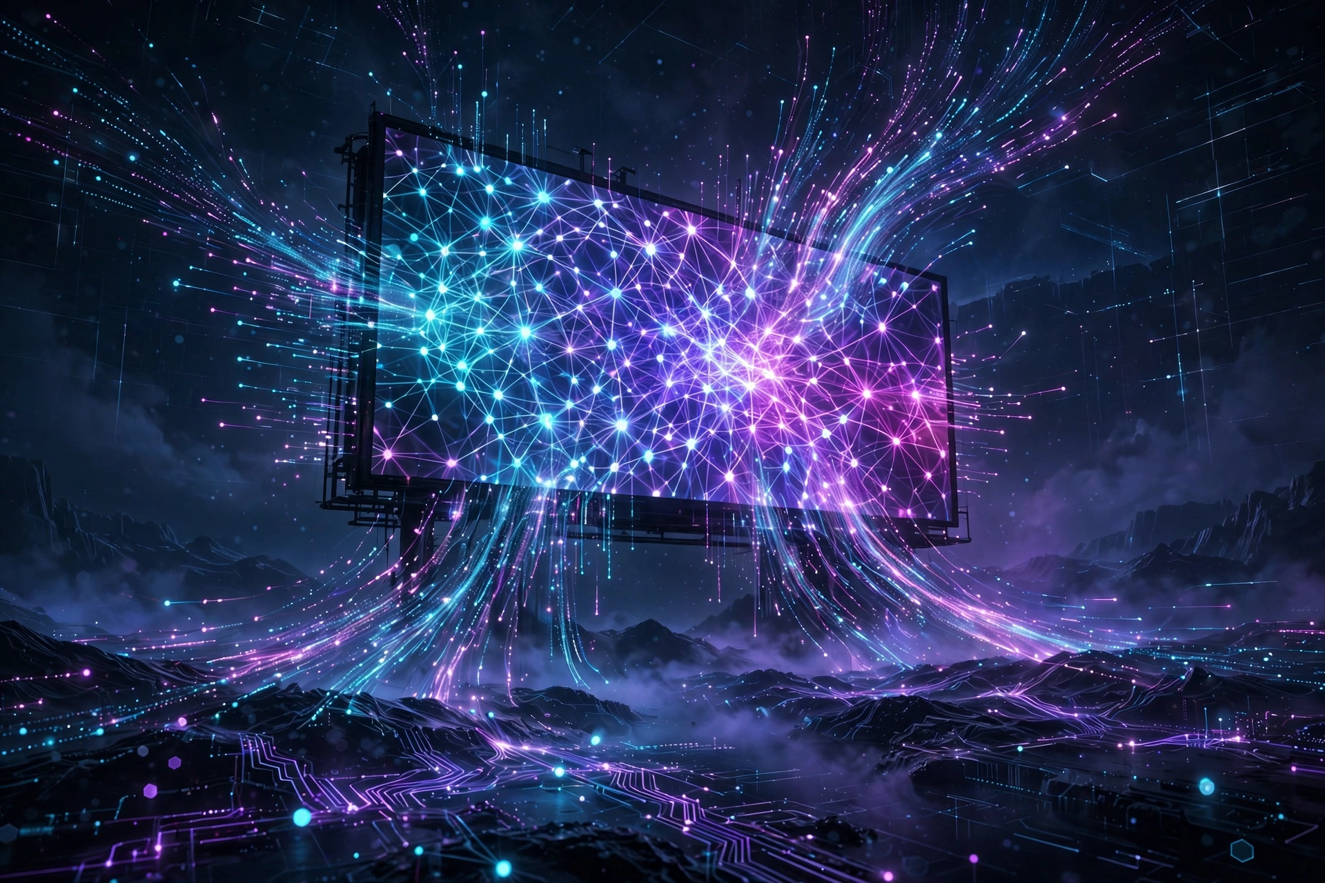 Futuristic AI neural network billboard glowing with neon data streams